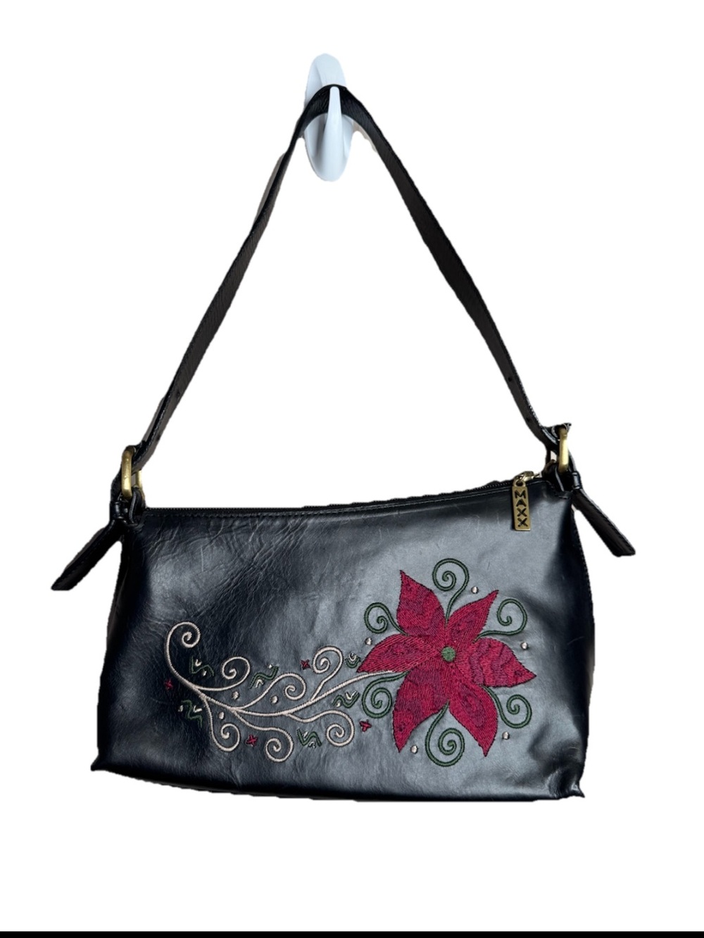 Maxx New York Leather Black Small Shoulder Bag Floral Embroidered Y2K Asymmetric